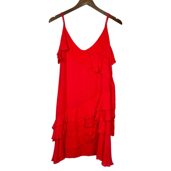 Parker NWT Athens 100% Silk Watermelon Pink Tiered Ruffle Mini Cocktail Dress - Picture 3 of 11